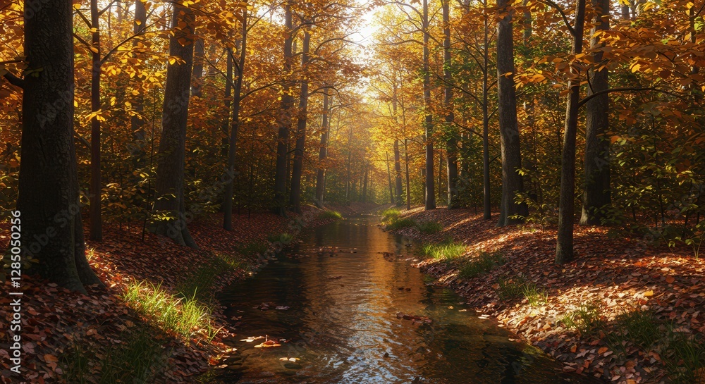 Fototapeta premium Autumn Forest Scene with Stream and Colorful Foliage, Natural Light