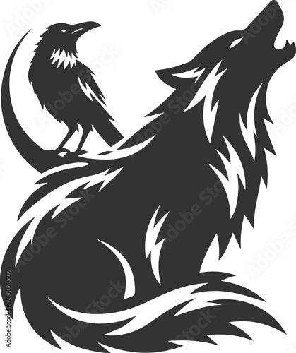 A wolf howling with a raven perched on its back animal vector silhouette