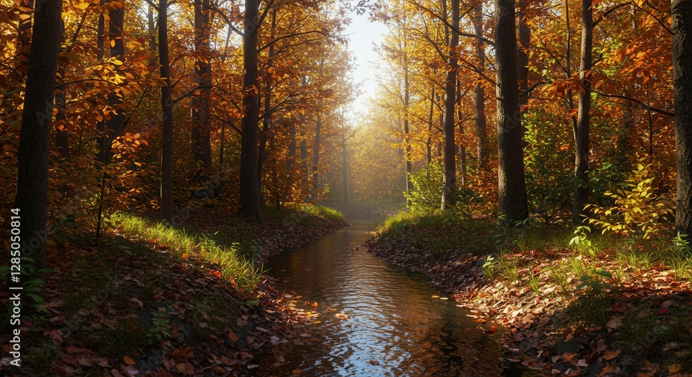 Autumn Forest Stream with Golden Leaves and Sunlit Mist Landscape Autumn Forest Stream with Golden Leaves and Sunlit Mist Landscape