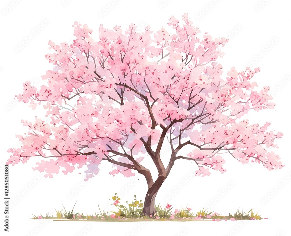 A watercolor painting depicting a blooming cherry tree in spring A watercolor painting depicting a blooming cherry tree in spring