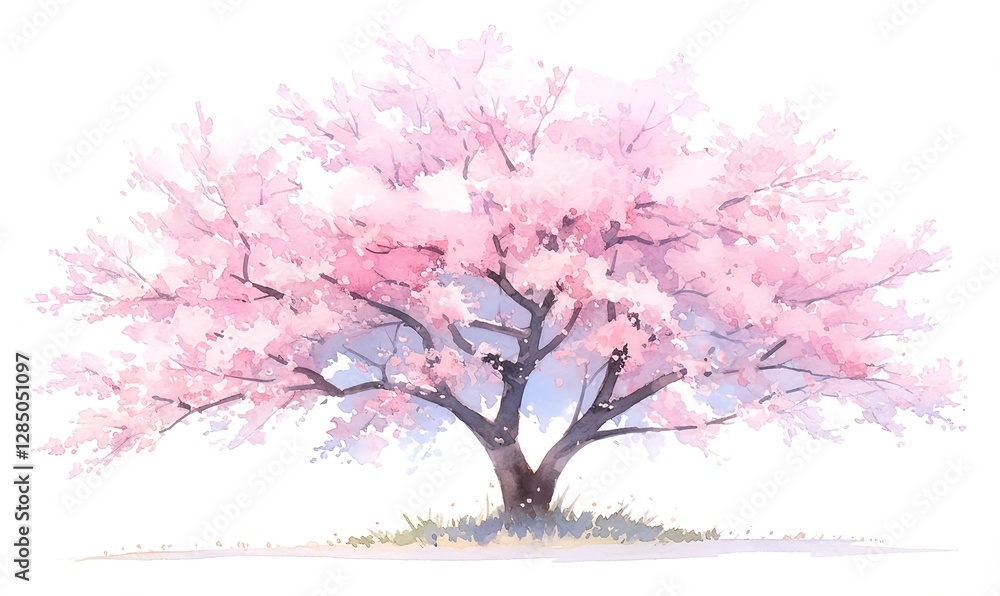 A watercolor painting depicting a blooming cherry tree in spring A watercolor painting depicting a blooming cherry tree in spring