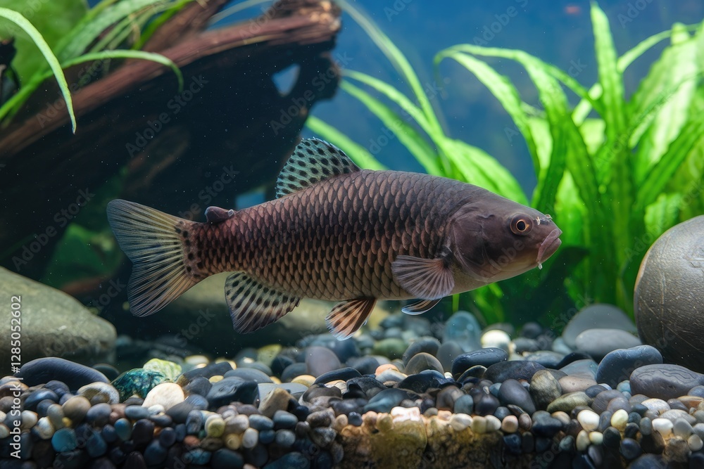 Naklejka premium Bronze Mahseer Fish Swimming Amidst Green Plants and Smooth Stones in Natural Light