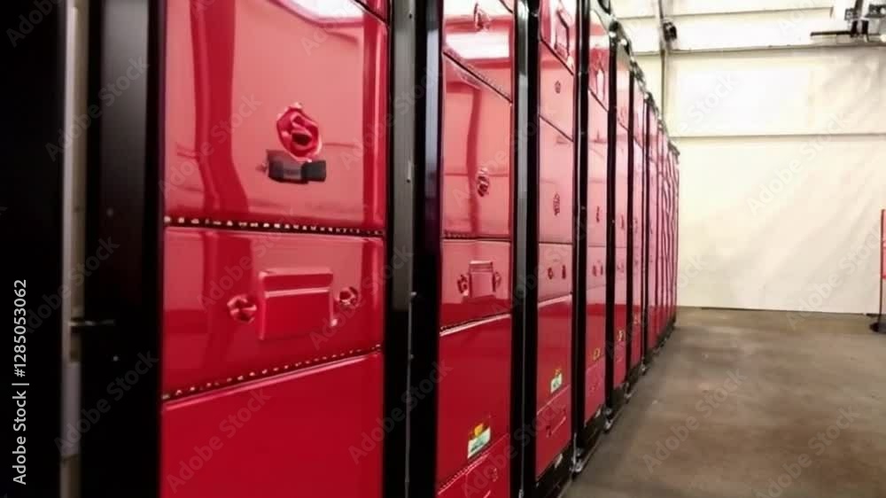 A row of red storage containers are lined up. The containers are stacked on top of each other A row of red storage containers are lined up. The containers are stacked on top of each other