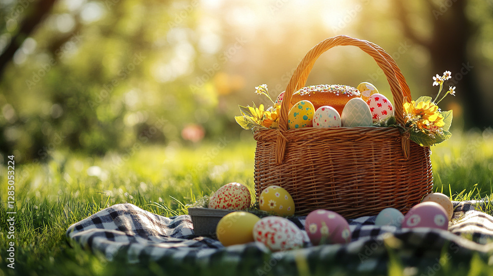 rustic Easter basket filled with colorful eggs on sunny day