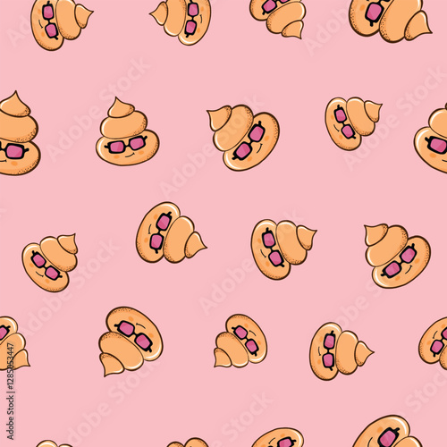 Seamless pattern with kawaii poop on white background. Cartoon poo, feces icons. Shit patterns, evil turd. Vector illustration for invitation, poster, card, fabric, textile. Doodle style.