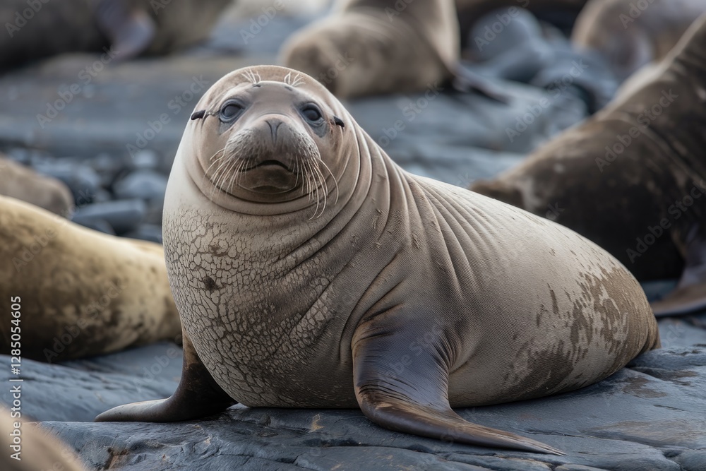 Obraz premium Close-up of a young elephant seal with smooth tan skin, sitting on dark grey rocks, with blurry seals in the background, gazing with curious eyes