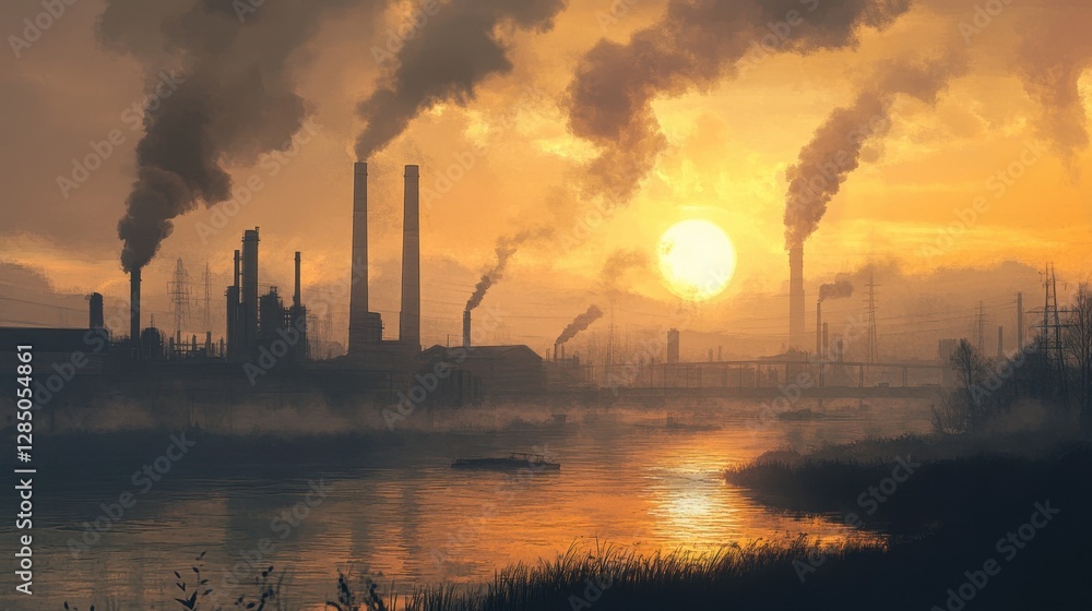 A polluted riverfront with factories nearby, releasing toxic fumes into the air while the sun struggles to shine through the thick haze. A polluted riverfront with factories nearby, releasing toxic fumes into the air while the sun struggles to shine through the thick haze.