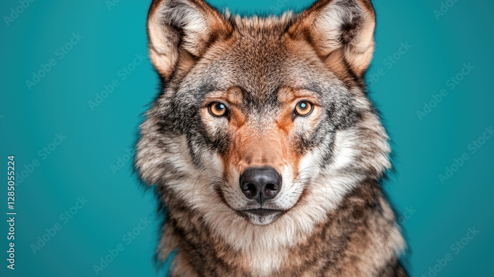 Fototapeta premium Majestic wolf portrait, studio shot, teal background, wildlife photography