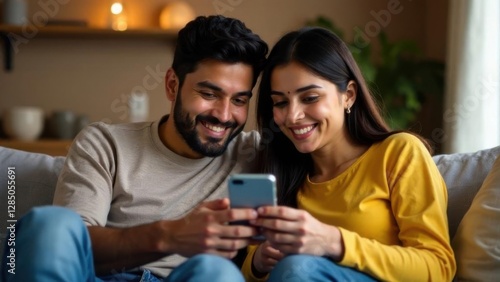 Happy young indian couple using smartphone, wife pointing at cellphone screen, sitting on sofa in living room interior at home 