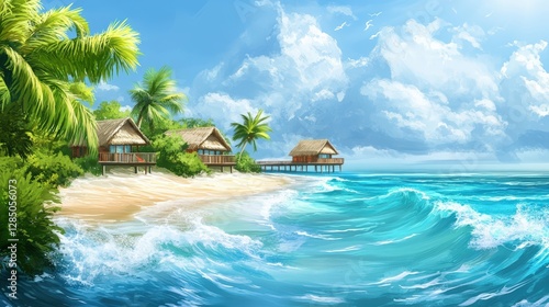 Paradise Beach: Tropical getaway with turquoise ocean, gentle waves lapping on the sandy shore, inviting bungalows nestled amongst lush palm trees, beneath a serene sky.