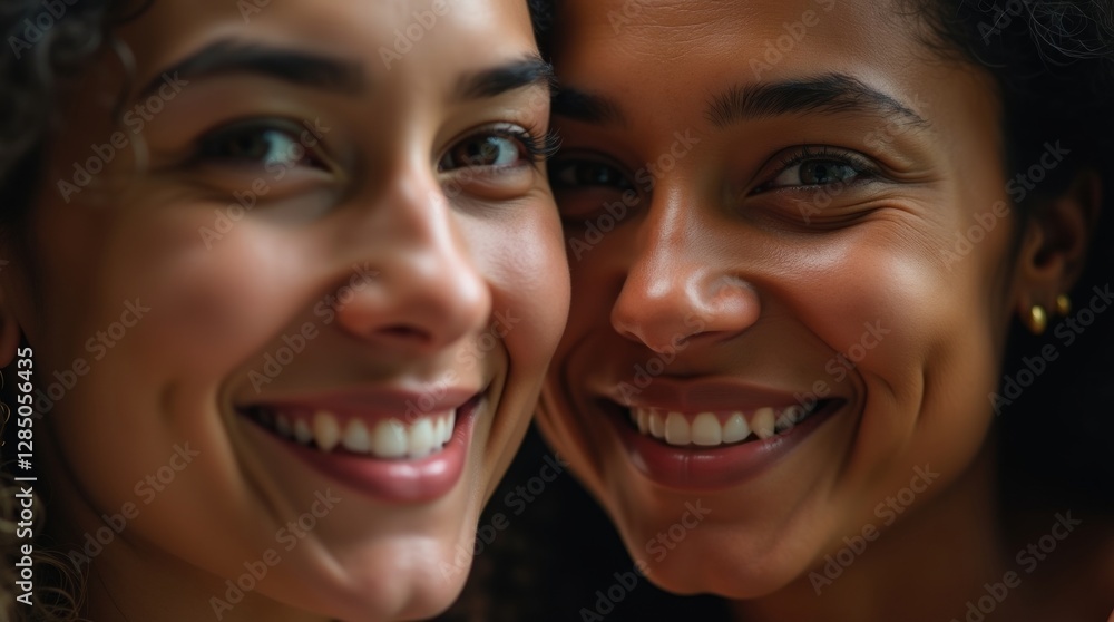 Close-up portrait of two smiling women with curly hair, showcasing their joyful expressions. Ideal for lifestyle, friendship, and diversity themes. Close-up portrait of two smiling women with curly hair, showcasing their joyful expressions. Ideal for lifestyle, friendship, and diversity themes.