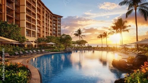 Luxury Resort at Sunset: A breathtaking scene of a high-end resort, a serene pool reflecting the vibrant colors of a sunset, and the silhouette of palm trees swaying gently.