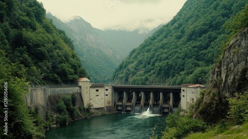 Scenic View of Hydroelectric Dam Surrounded by Lush Green Mountains and Calm River Waters photo