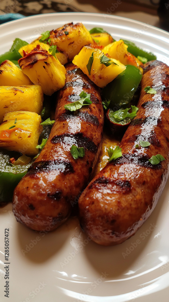 Closeup vertical of pork sausages with pineapple