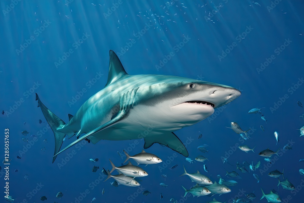 Fototapeta premium Underwater scene featuring a large bull shark swimming among schools of smaller fish in deep blue water with sunlight, creating a natural, serene image