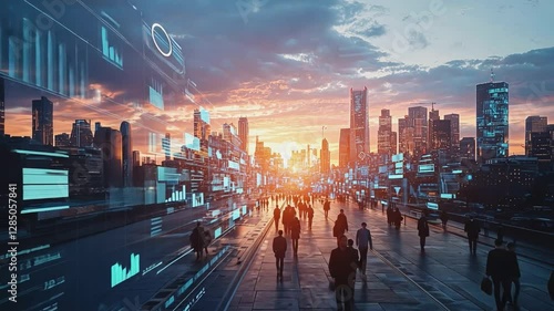 Digital Metropolis: A bustling cityscape at dusk, where data streams intertwine with the flow of people, painting a picture of a digitally connected urban environment.