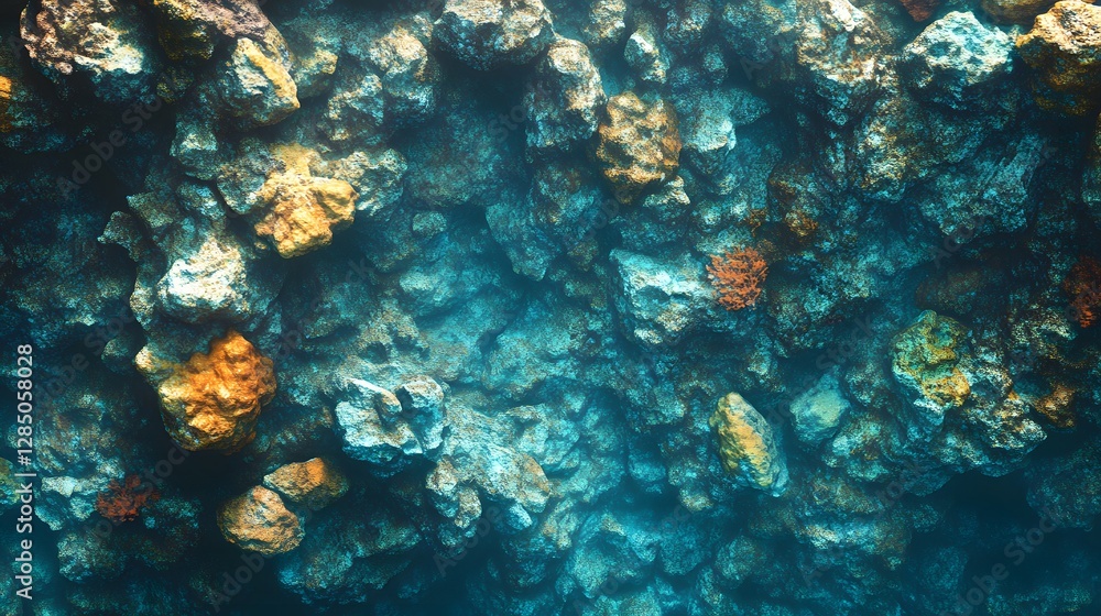 Stunning underwater scene of rocks in teal and gold hues. A captivating texture and pattern. Underwater Rock Formation: A Teal and Gold Tapestry Stunning underwater scene of rocks in teal and gold hues. A captivating texture and pattern. Underwater Rock Formation: A Teal and Gold Tapestry