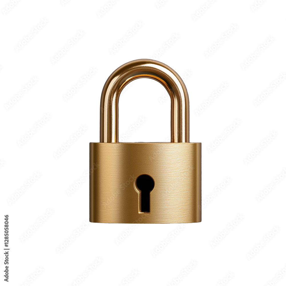 Golden padlock with keyhole, shiny metallic texture, secure design, close-up view on transparent background Golden padlock with keyhole, shiny metallic texture, secure design, close-up view on transparent background