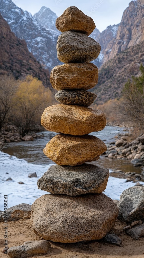 Stacked Rocks By River In Mountains Stacked Rocks By River In Mountains