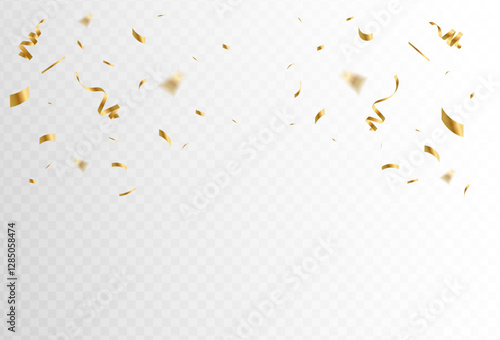 Confetti explosion on transparent background. Pieces of shiny gold paper flying and spreading. blurred. abstract .rotating. vector illustration	