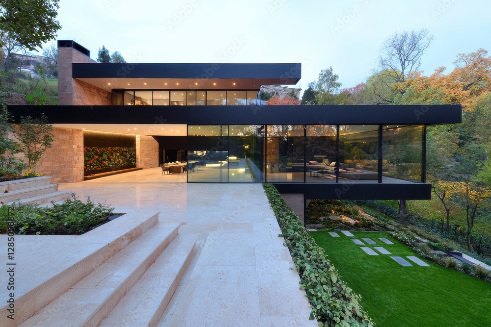 Modern Glass House Surrounded by Lush Nature and Trees Modern Glass House Surrounded by Lush Nature and Trees