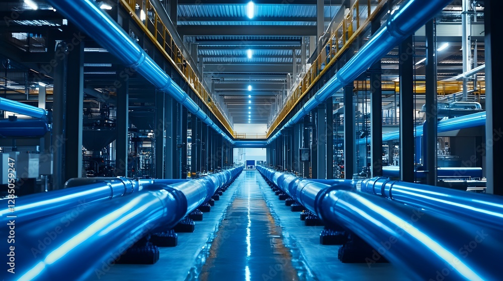 Obraz premium A long blue pipe with a yellow stripe runs through a large industrial building. The pipes are connected to a large tank, and the room is lit up with bright lights. Concept of industrial activity