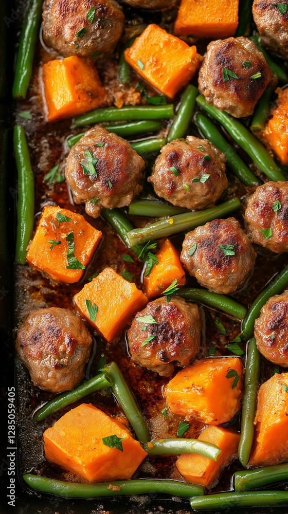 Meatballs one-pan dinner with sweet potatoes and green beans
