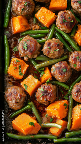 Obraz na płótnie Meatballs one-pan dinner with sweet potatoes and green beans w salonie