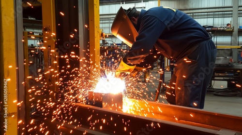 Industrial welder in protective gear working with metal in manufacturing facility, creating bright shower of orange sparks during welding process, showcasing skilled labor at work. photo