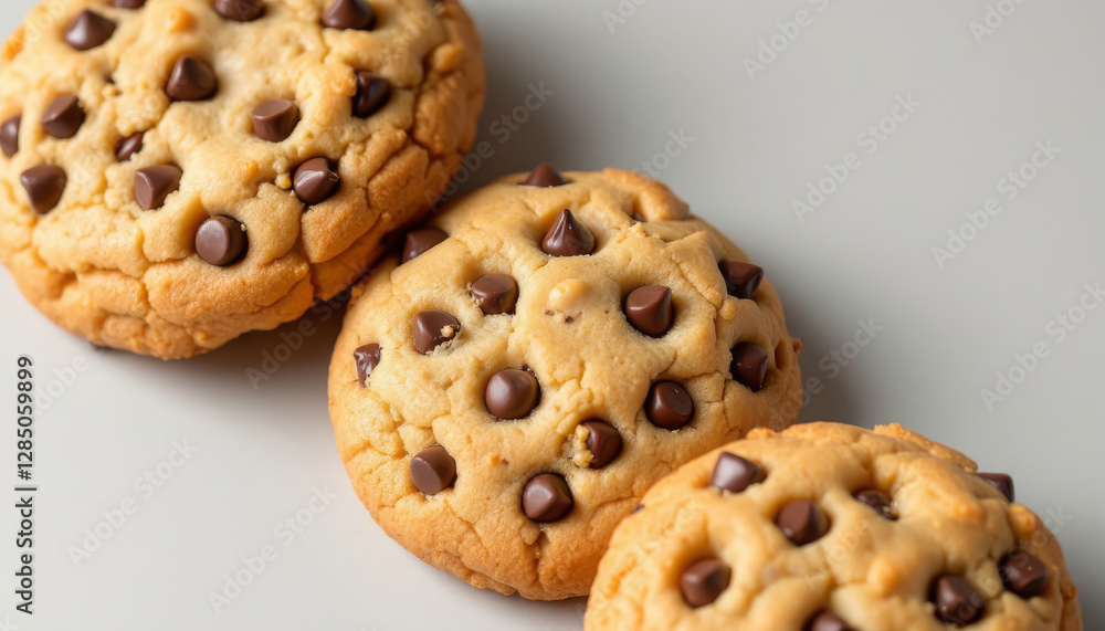 Three freshly baked chocolate chip cookies sit on counter Three freshly baked chocolate chip cookies sit on counter