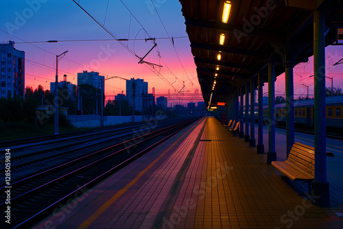 Train station platform against the backdrop of the setting sun in summer.