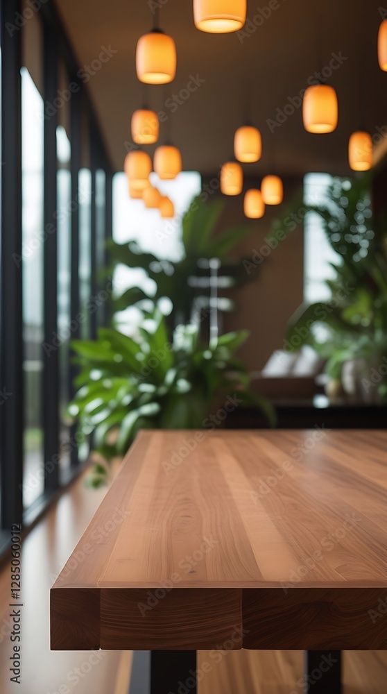 Fototapeta premium Modern interior with a wooden table in focus, warm ambient lighting, and lush green plants near large glass windows, creating a cozy and stylish atmosphere with natural elements