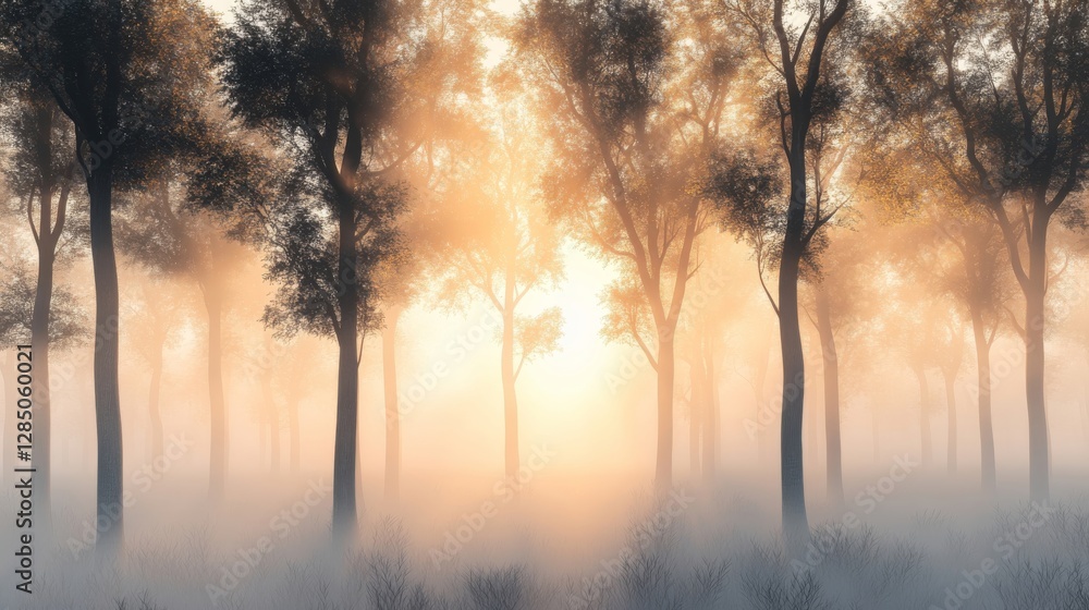 Fototapeta premium Misty Dawn in the Forest A Serene Sunrise Landscape