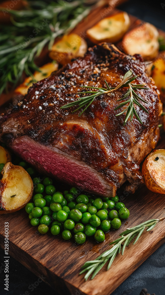 Lamb roast with potatoes, peas and rosemary