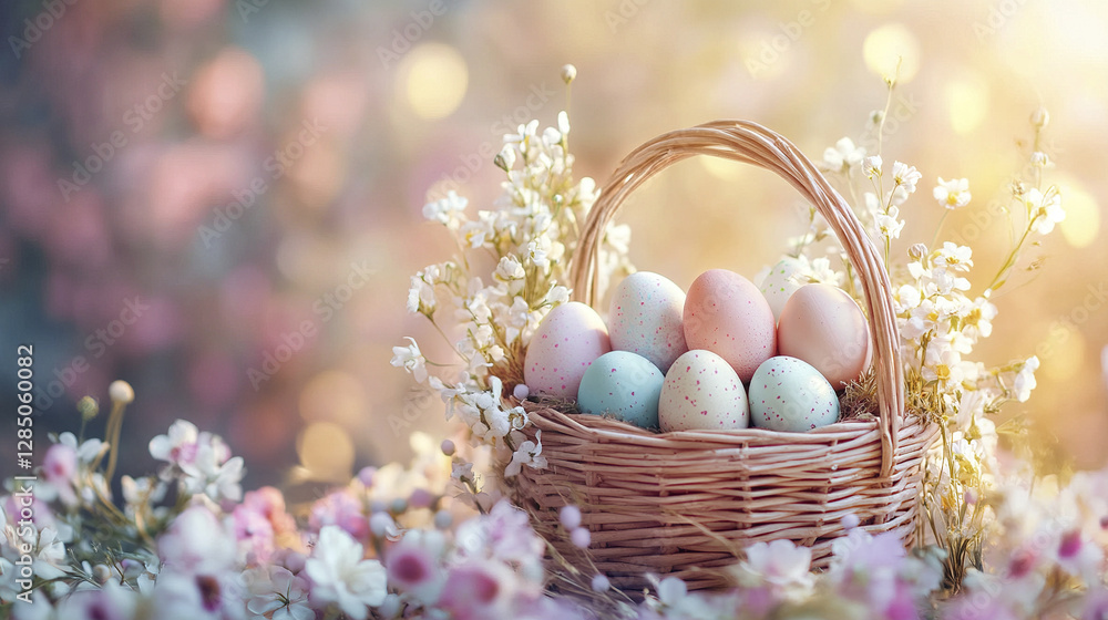 serene Easter celebration with beautifully styled basket of eggs serene Easter celebration with beautifully styled basket of eggs