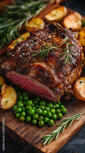 Obraz na płótnie Lamb roast with potatoes, peas and rosemary w salonie