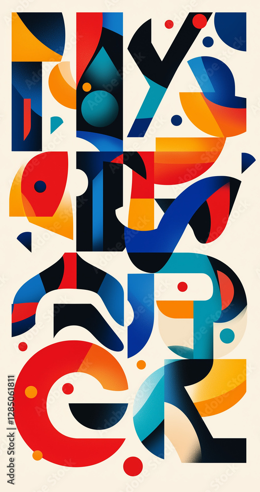 Vertical design of varied colorful shapes on a white background