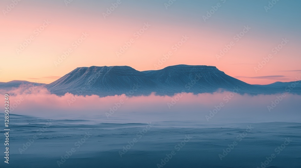 Serene Winter Landscape with Majestic Mountain Under Colorful Sunrise Sky and Soft Fog Serene Winter Landscape with Majestic Mountain Under Colorful Sunrise Sky and Soft Fog