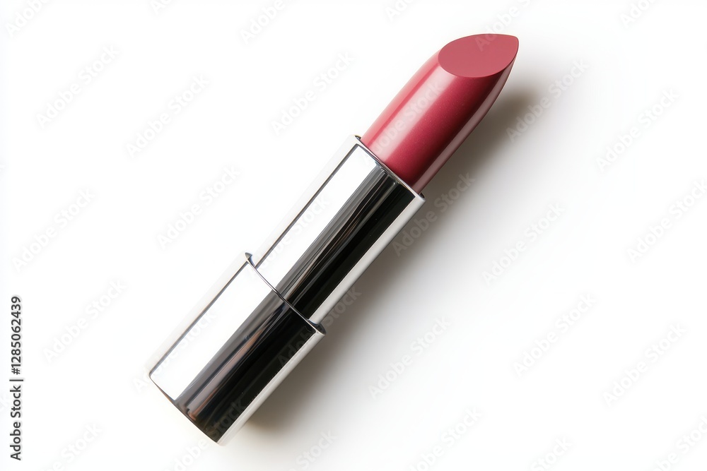 lipstick plum concept. A sleek, silver-capped lipstick in a soft pink shade, resting on a white surface. lipstick plum concept. A sleek, silver-capped lipstick in a soft pink shade, resting on a white surface.