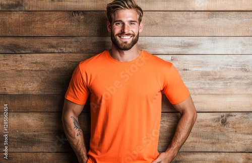 Radiant Confidence: A handsome man with a warm smile, styled with a clean-cut beard, exudes positivity in this inviting portrait. against a wooden backdrop.