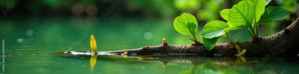 Naklejka premium Mangrove propagules on a partially submerged branch, propagules, green, brown