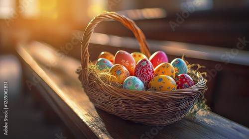 basket of colorful Easter eggs in sunlight on wooden bench