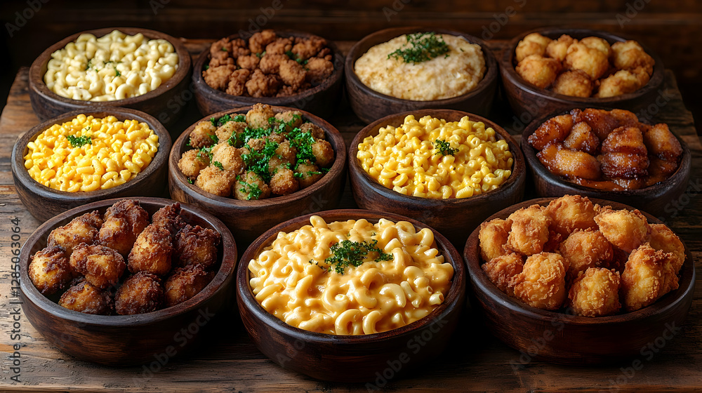 Assorted Dishes In Wooden Bowls On Wooden Table Assorted Dishes In Wooden Bowls On Wooden Table