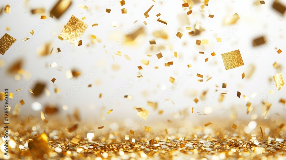 Shimmering Gold Confetti Floating Against a Bright Background Shimmering Gold Confetti Floating Against a Bright Background