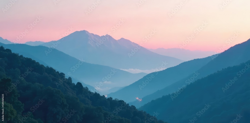 Obraz premium Soft pink and teal mist rising from a mountain range at dusk, evening, natural, soft focus
