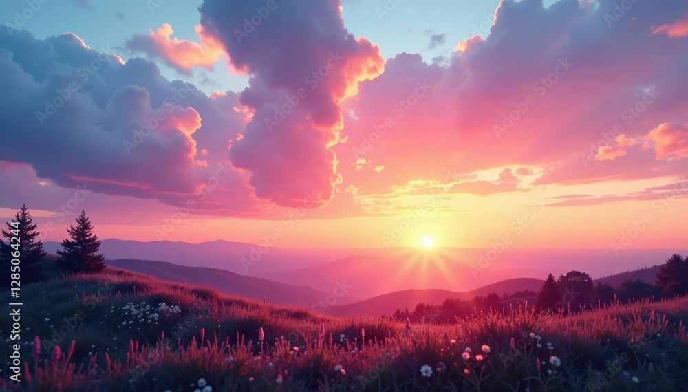 Fototapeta premium Soft pink and peach tones fade into blue as sun dips below horizon, landscape, natural light