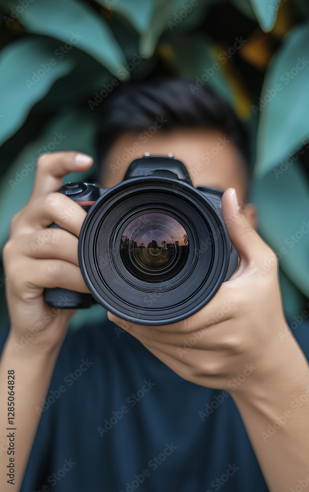person holding camera in front of their face, surrounded by green foliage, capturing moment with focus and intent person holding camera in front of their face, surrounded by green foliage, capturing moment with focus and intent