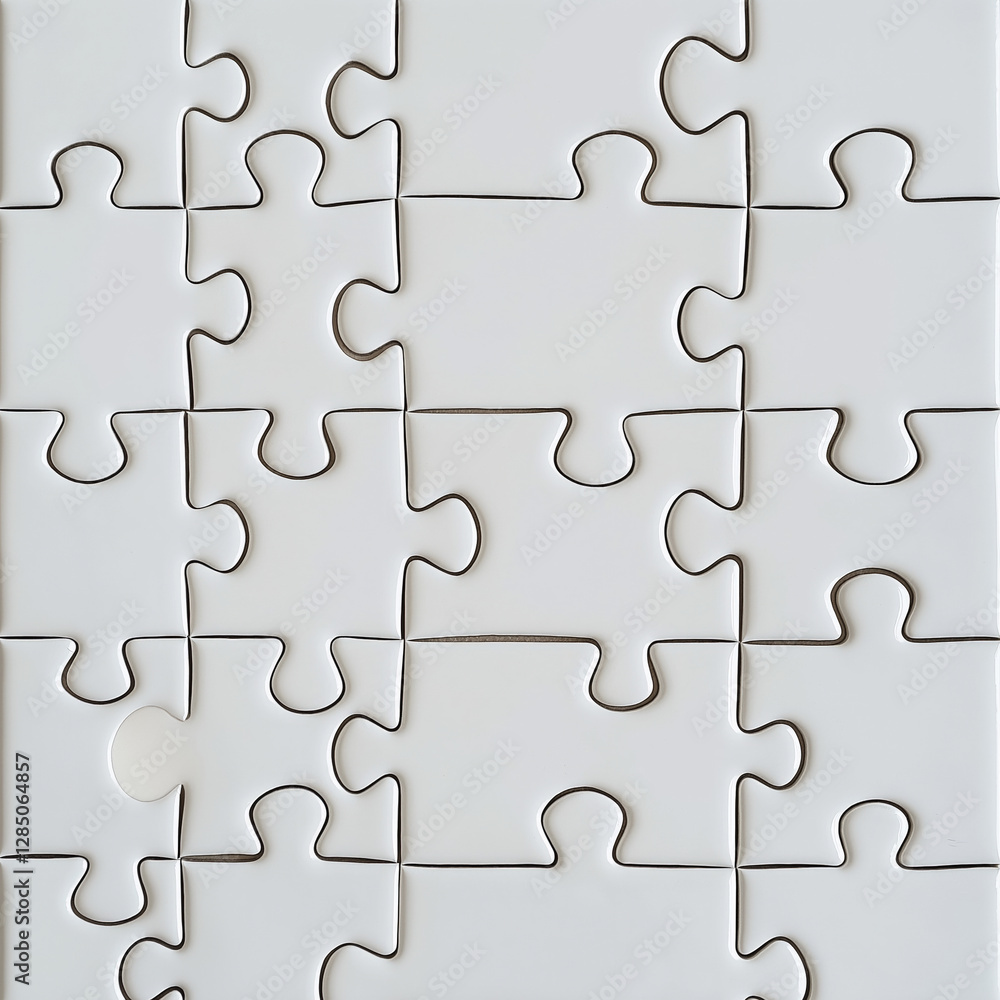White puzzle pieces arranged in pattern with one missing piece, creating sense of incompleteness and curiosity White puzzle pieces arranged in pattern with one missing piece, creating sense of incompleteness and curiosity
