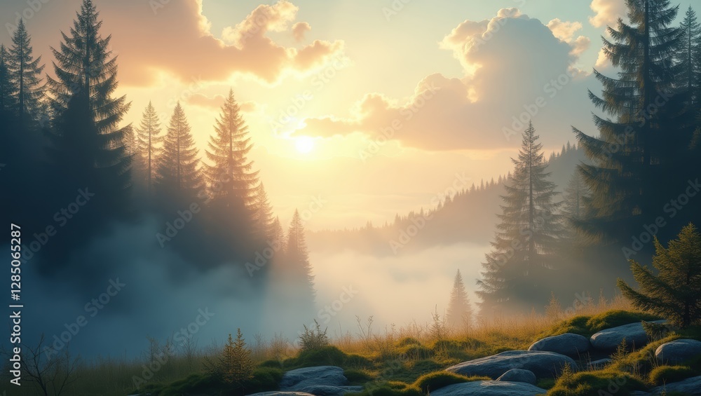 Misty Sunrise Over a Dense Pine Forest with Golden Light and Rolling Fog in the Mountains
Misty Sunrise Over a Dense Pine Forest with Golden Light and Rolling Fog in the Mountains