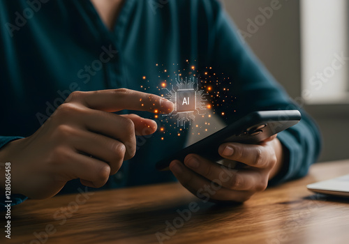 AI-Driven Hyper-Personalization.A man recommends products through a smartphone, and an AI algorithm analyzes personal preferences and past purchase history to provide the optimal choice.